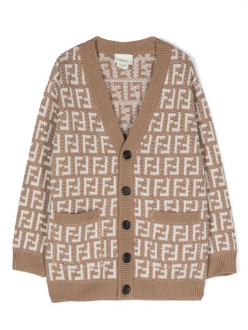 Fendi Kids - FF-motif button-up cardigan - kids - Cotton/Wool - 4 - Neutrals
