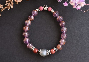 透體紫鈦晶+灰月光石+玫瑰石純銀花朵水晶手鍊