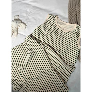 簡約條紋睡衣女款夏季純棉吊帶背心圓領睡裙小個子無袖女士家居服