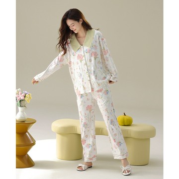 【巴黎精品】現貨+預購 女居家睡衣套裝長袖休閒服秋冬睡袍睡褲-法式領純棉花卉寬鬆女休閒服w1ad24