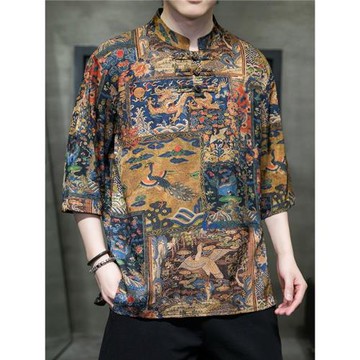 中國風印花龍袍T恤男復古盤扣唐裝青年立領短袖漢服夏季寬松半袖5