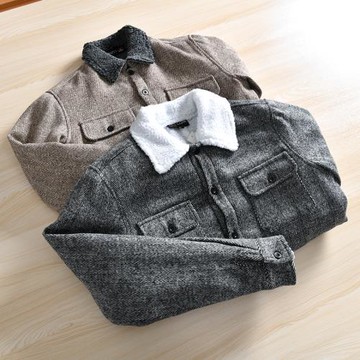 性價比牛貨！人字紋毛呢夾克外貿男裝冬季羊羔絨加厚翻領棉衣外套