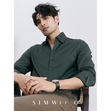 英倫優雅紳士 氣質咖半開領襯衫高級感冰絲商務免燙綠色襯衣男士