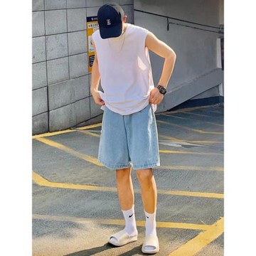 夏季美特斯薄款牛仔中褲男士潮流松緊腰寬松直筒五分休閑短褲正品