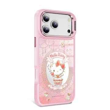 iPhone全系列軍規防摔合金框隱形立架鏡面磁吸殼-魔鏡凱蒂-粉框