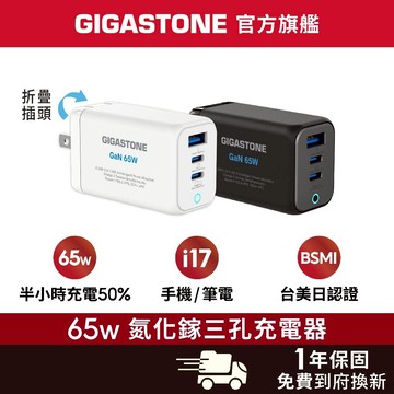 【GIGASTONE】65W GaN氮化鎵 三孔充電器 適用iPhone三星手機 Mac筆電 Type-C PD快充頭
