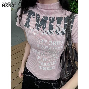 【美式小众辣妹正肩】修身顯瘦半高領短袖T恤 時尚設計感上衣 女潮 短袖上衣 上衣短袖 夏季