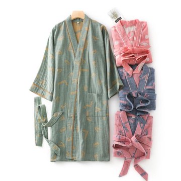 長袖睡袍單件女精梳純棉紗字母印花中長款家居浴袍寬腰繩家居服薄