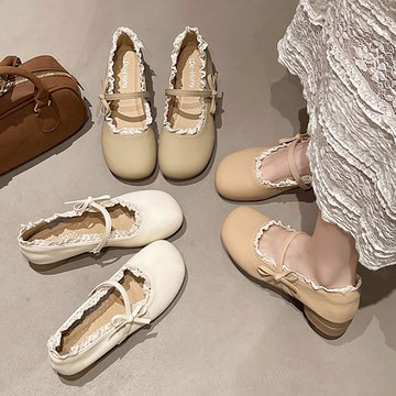 【白鳥麗子】粗跟鞋 日系蕾絲拼接蝴蝶結圓頭低跟包鞋． 店長推薦