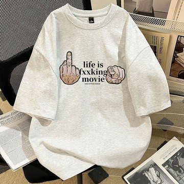 潮牌ins美式高街短袖t恤女夏季手勢字母印花上衣純棉寬鬆百搭體恤