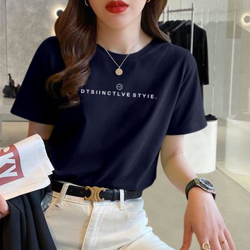 藏青色短袖t恤女寬松純棉2025夏季新款韓版時尚簡約字母圓領上衣