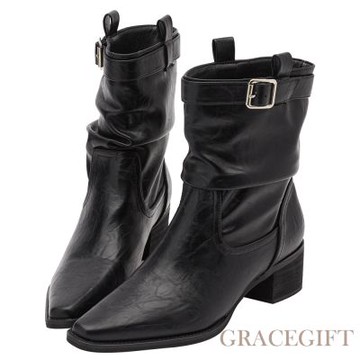 【Grace Gift】悅悅聯名-都會格調尖頭絨布2way堆堆低跟西部靴 黑