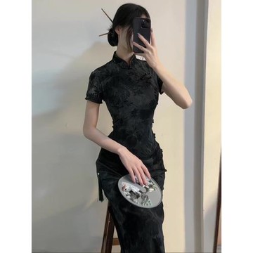 新中式改良旗袍年輕款少年復古民國絕美高冷御姐風黑色連衣裙女秋