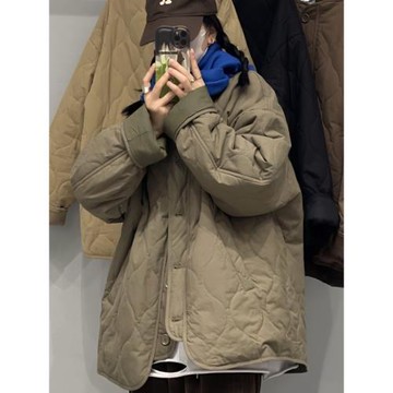 日系菱格夾棉外套女士冬季復古加厚加棉保暖輕薄羽絨棉服棒球棉衣