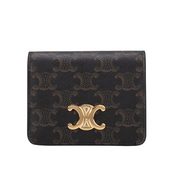 CELINE Triomphe 凱旋門帆布LOGO金扣短夾(棕色)