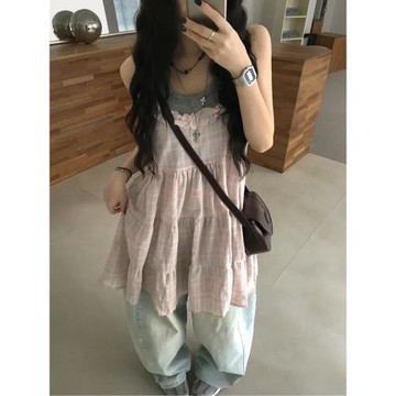 夏日小記 可愛蓬蓬格紋蛋糕花邊連衣裙 日系復古寬松吊帶裙短裙