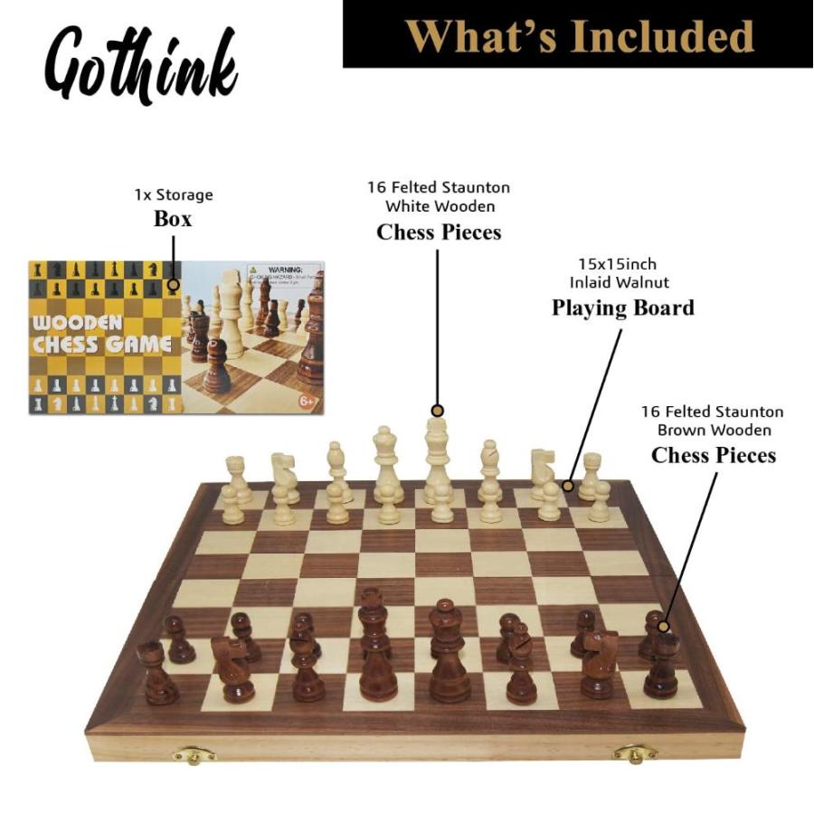 Gothink Wooden Chess Set Board Games Portable Folding Chessboard 15”x15” Pu