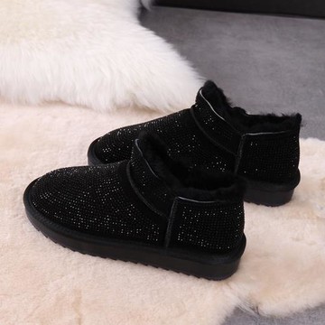 低幫雪地靴女一腳蹬保暖面包鞋2024新款時尚韓版滿鉆短筒雪地棉鞋