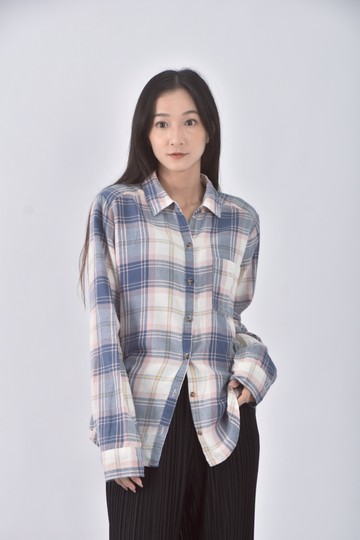(S) hollister質感棉質格紋藍色長袖上衣