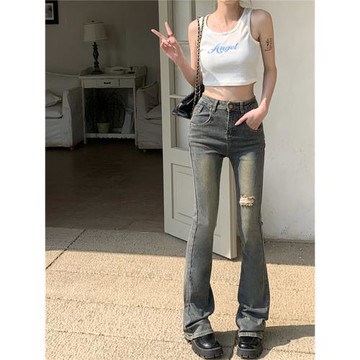 復古藍色破洞微喇牛仔褲女2024夏季新款辣妹性感高腰直筒喇叭褲子