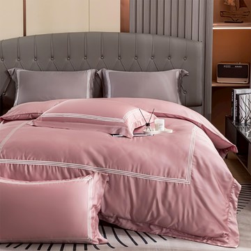 Aaron艾倫生活家 素色刺繡系列 頂級60支100%萊賽爾天絲TM床包枕套3件組  夢映粉  雙人 床包(150×186cm) + 歐式壓框枕套(47×75cm)  床包 + 歐式壓框枕套 2個