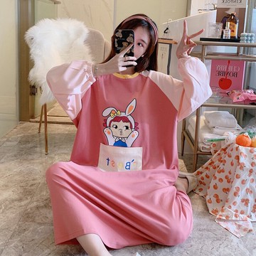 睡衣女春秋長袖棉質可外穿寬松大碼胖mm加大碼加肥甜美睡裙家居服