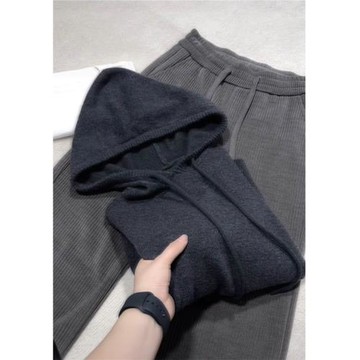 早秋新款高級感抽繩連帽羊絨針織衫時尚韓系減齡氣質內搭長袖上衣