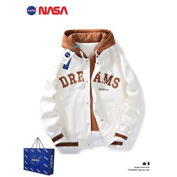 NASA聯名刺繡棒球服外套男女ins秋冬季連帽寬松情侶假兩件夾克潮