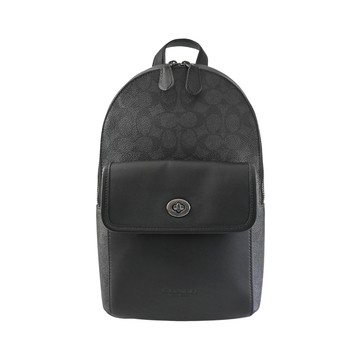 COACH黑灰LOGO PVC拼接黑色素面皮革前口袋單肩胸背斜後背男包(大款)