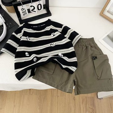 男童夏裝套裝新款兒童條紋短袖夏季衣服男孩時尚套頭印花中小童兒童套裝男男童套裝童裝夏天短袖套裝男童