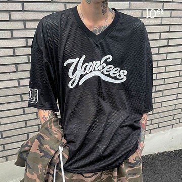 『1068』Yankees 透氣 網眼 刺繡 V領 球衣 街頭 寬鬆 落肩 短袖 上衣 短袖tee【A90912】