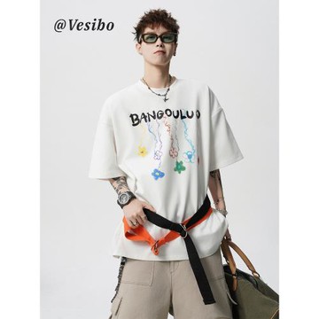 美式情侶短袖T恤男款春季高街設計感休閑上衣青少年潮牌彩繪體恤