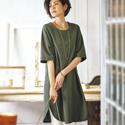 ベルーナ かのこ素材裾ラウンドチュニックワンピース テラコッタ L レディース 通販 Lineポイント最大get Lineショッピング