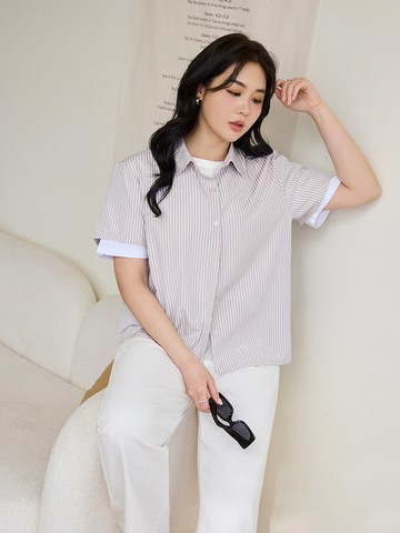 不易皺直條紋短袖襯衫上衣
