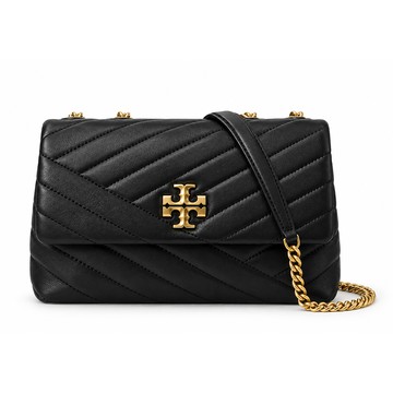 TORY BURCH KIRA 雙T金字LOGO鍊斜紋衍縫翻蓋兩用包-小/黑