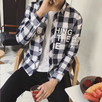 夏季新品休閑格子襯衫男長袖 青少年修身純棉襯衣潮 春薄上衣