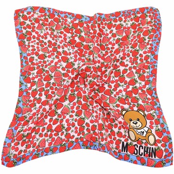 MOSCHINO 水果風情泰迪熊藍粉方框絲質方巾(68x68)
