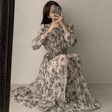 連身裙．氣質印花綁帶收腰雪紡百摺長袖洋裝．白鳥麗子