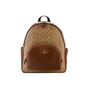 [平輸版] 【COACH】  棕色C LOGO PVC拼接焦糖色荔枝紋皮革拉鍊雙層多口袋後背包 真品平輸