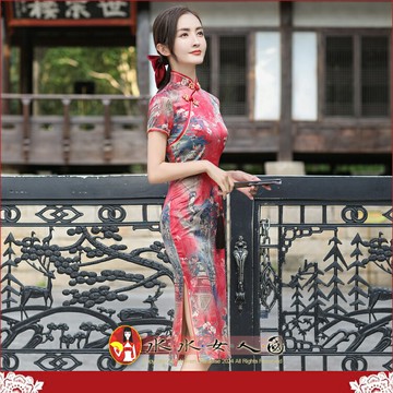 復古印花中長旗袍春夏清新優雅洋裝修身顯瘦時尚連身裙日常喜宴演出必備-古棉(紅梅花)-水水女人國