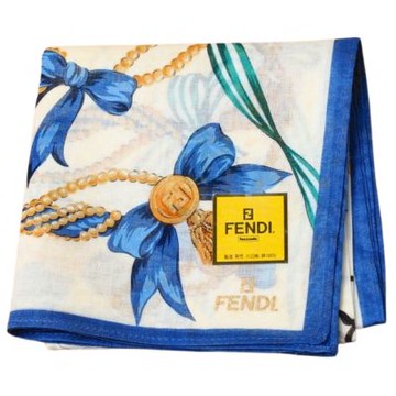 FENDI 經典雙 F 標誌蝴蝶結珍珠圖騰字母LOGO帕巾(米黃底藍邊/46CM)