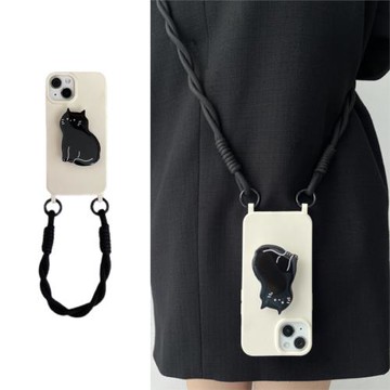 ins風簡約貓咪支架手提繩17iPhone16/13掛鉤開孔手機殼斜挎背帶繩適用蘋果12斜挎11/15promax軟14