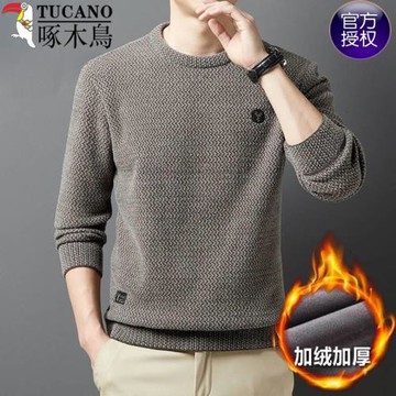 啄木鳥加絨加厚男士雪尼爾毛衣2024秋冬季新款圓領針織衫保暖打底