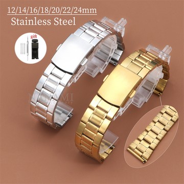 經典不銹鋼錶帶 12 14 16 18 20 22 24mm 通用金屬平端錶帶銀金手鍊男士女士腕帶