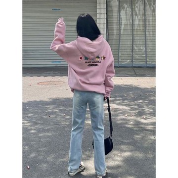 加絨加厚連帽衛衣女秋冬2024新款寬松美式重磅甜美oversize上衣女