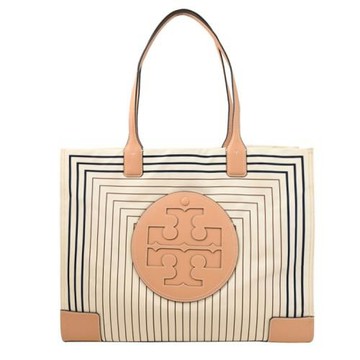 TORY BURCH 88237 方形條紋圖樣LOGO皮邊飾大托特包.淺褐邊