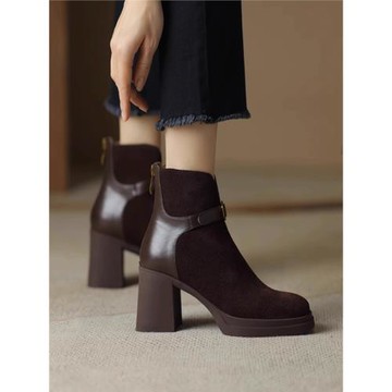 巨舒服真皮厚底粗跟拼接短筒時裝靴女秋冬新款后拉鏈磨砂高跟短靴