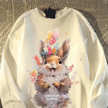 美式復古hiphop兔子潮牌圓領衛衣男女春秋薄款2024新款情侶裝外套