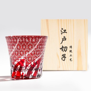 日式江戶切子 流光風紋手工切割威士忌杯 - 紅色 刻字 退休禮物