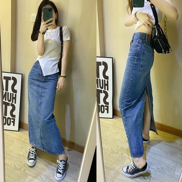 2025春秋新款歐洲站牛仔半身裙女高腰港味藍色牛仔顯瘦包臀長裙子